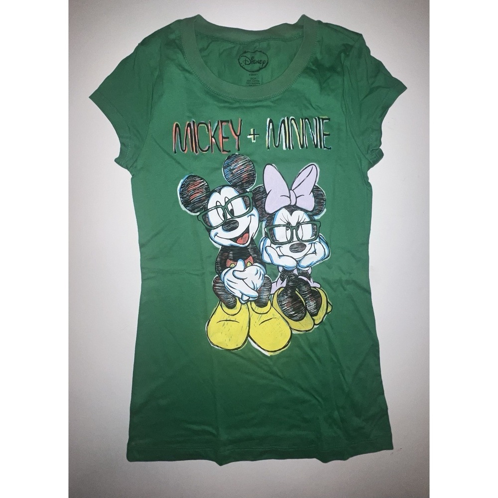 Disney Mickey‎ & Minnie Mouse With Glasses Green Tee Shirt Small Juniors Slim
